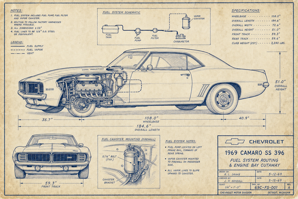 1969 Chevrolet Camaro SS blueprint with fuel system cutaway