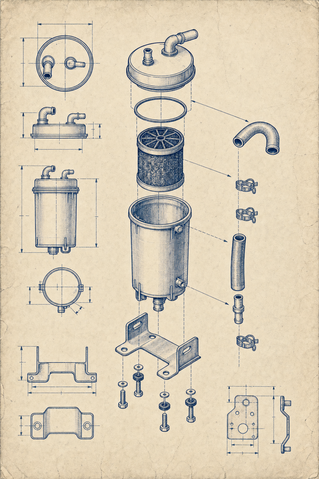 Exploded-view blueprint of a charcoal canister assembly with mounting hardware