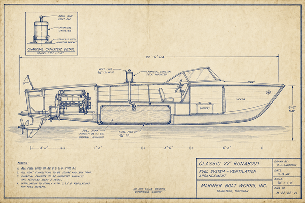Blueprint of a classic motorboat with deck-mounted charcoal canister