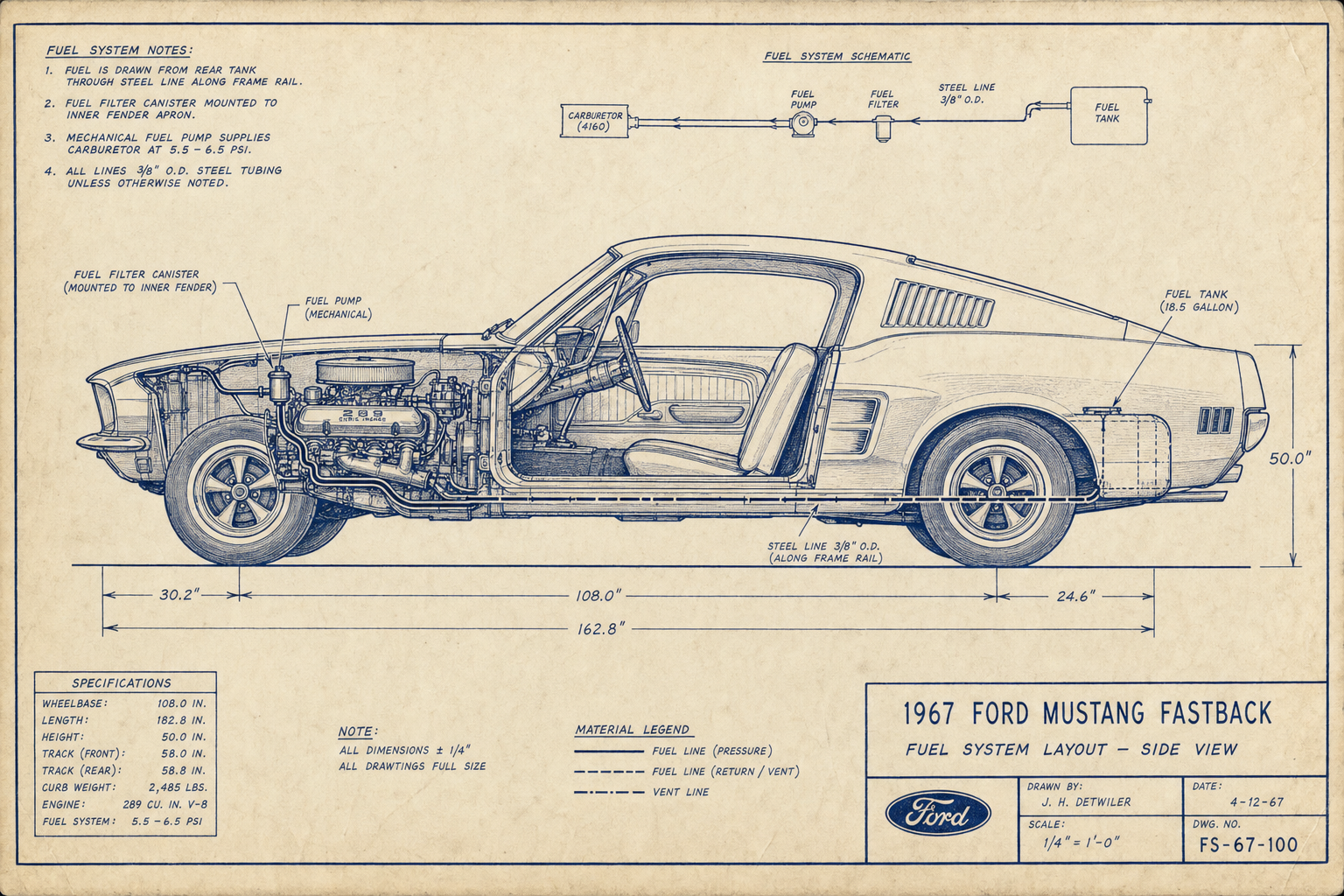 1967 Ford Mustang fastback blueprint with fuel system cutaway