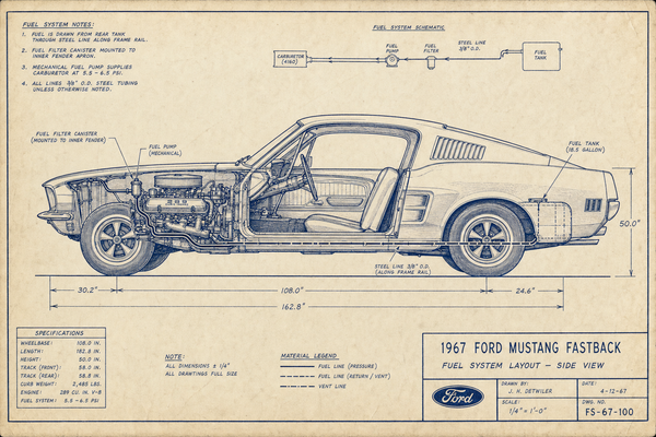 1967 Ford Mustang fastback blueprint with fuel system cutaway