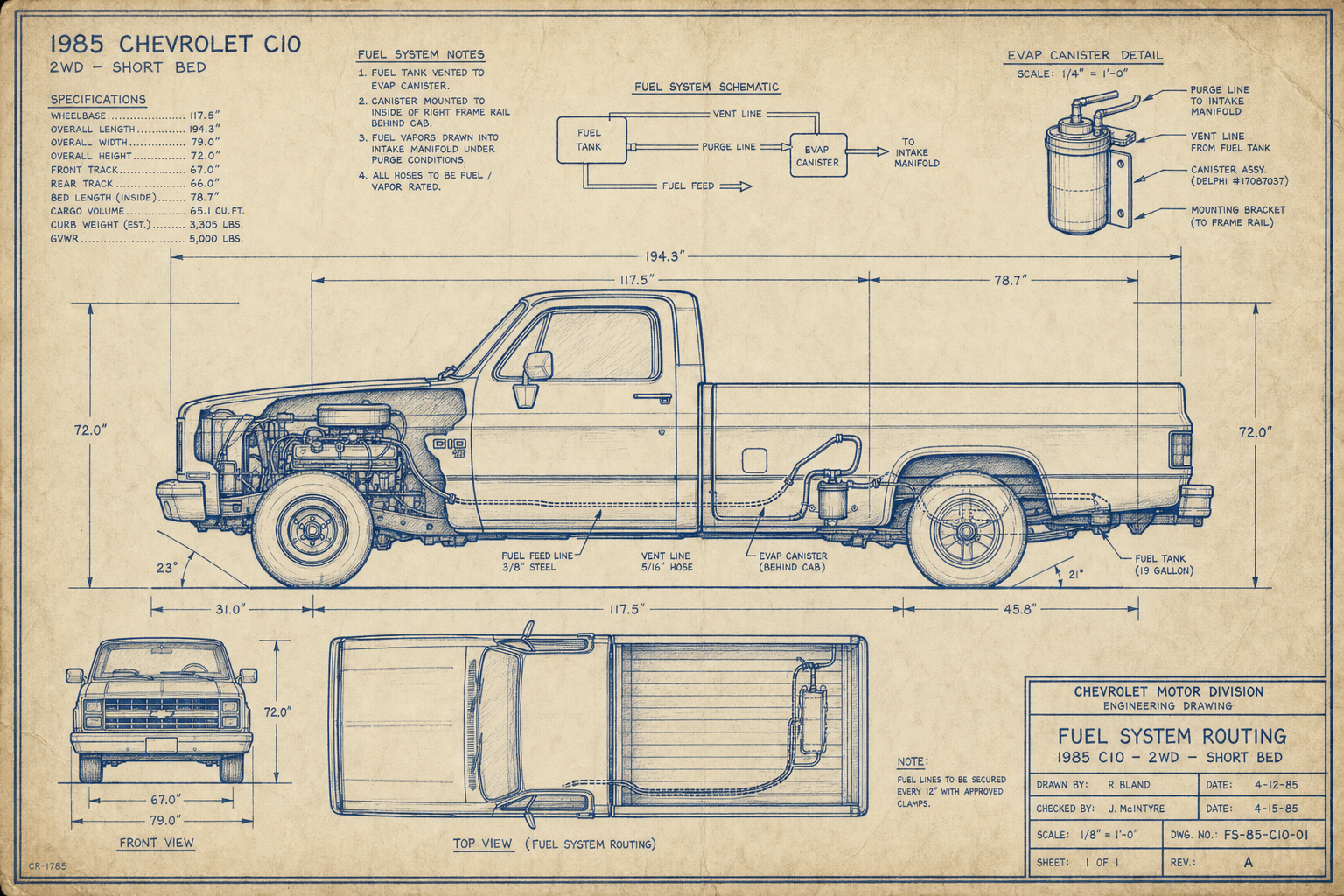 1985 Chevrolet C10 square-body truck blueprint with fuel system routing