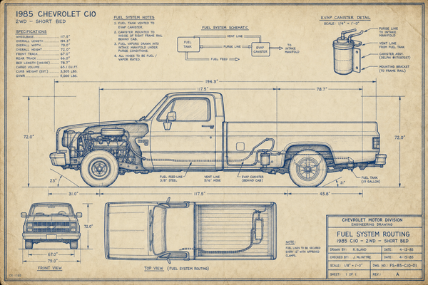 1985 Chevrolet C10 square-body truck blueprint with fuel system routing