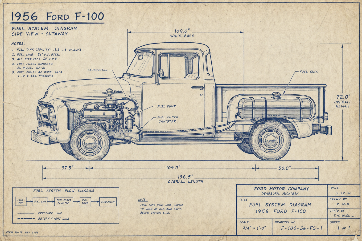 1956 Ford F-100 truck blueprint with fuel system cutaway