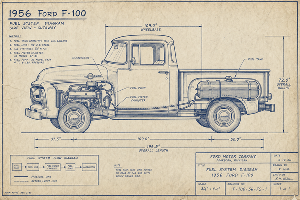 1956 Ford F-100 truck blueprint with fuel system cutaway