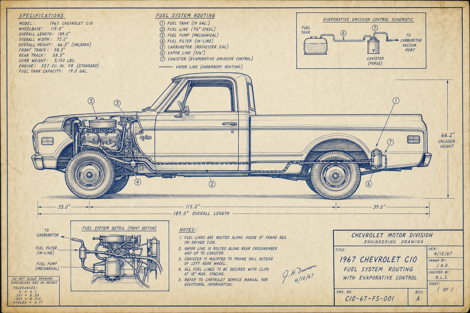 1967 Chevrolet C10 pickup blueprint with EVAP canister routing