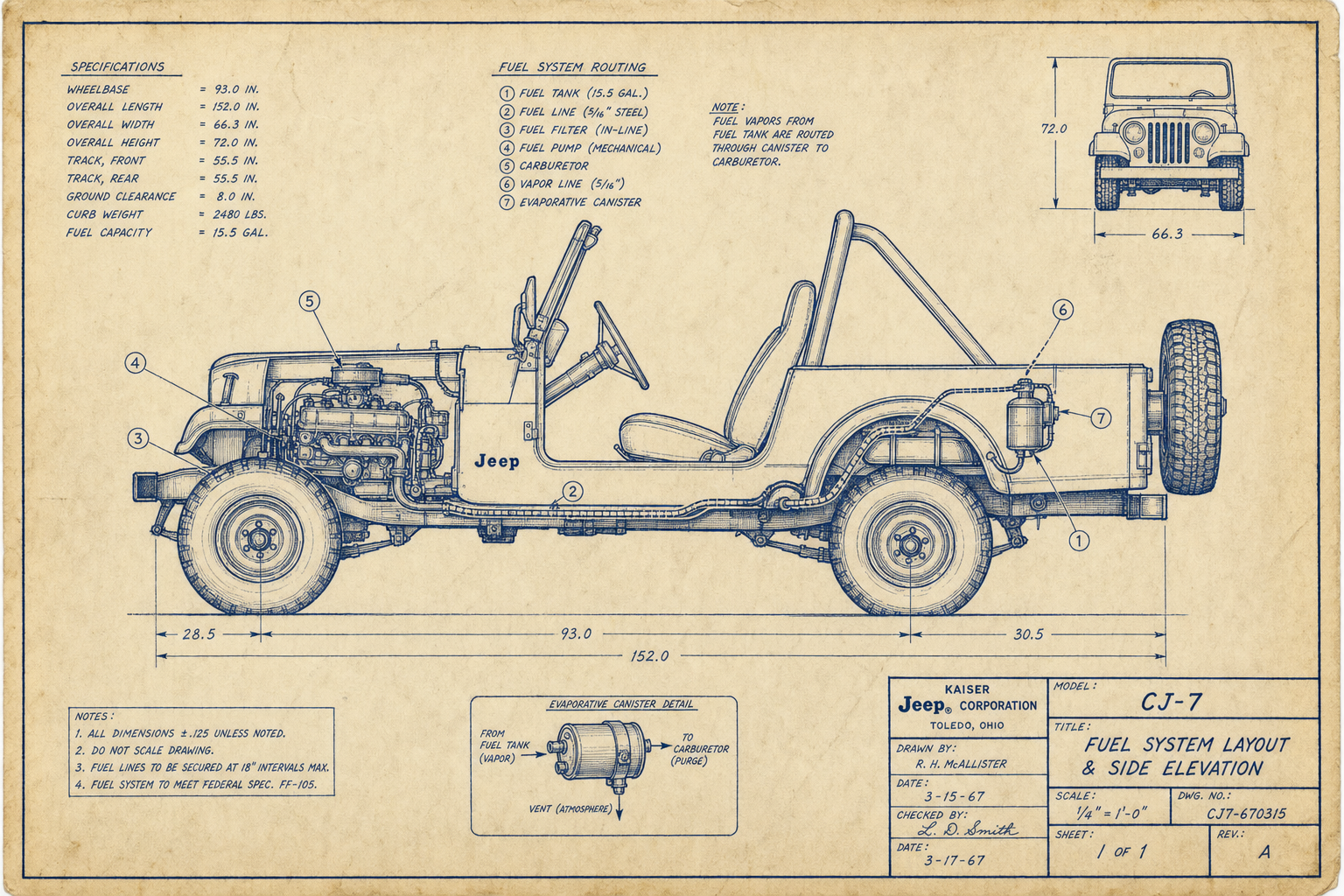 Jeep CJ-7 blueprint with fuel system and evaporative canister detail
