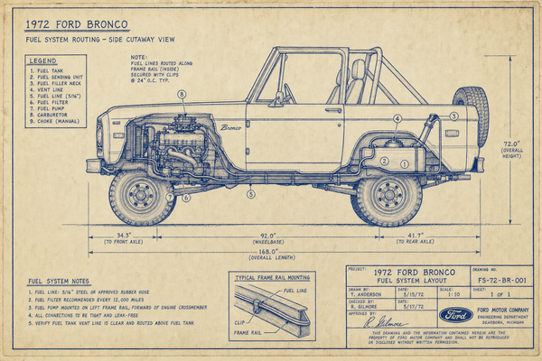 1972 Ford Bronco blueprint with fuel system layout