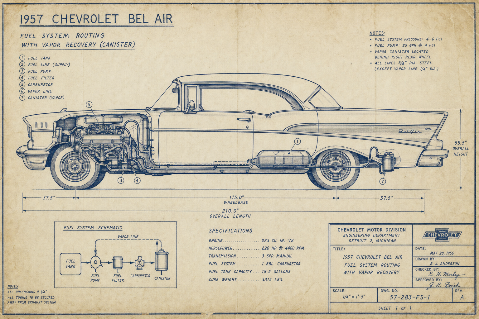 1957 Chevrolet Bel Air blueprint with fuel system and vapor recovery