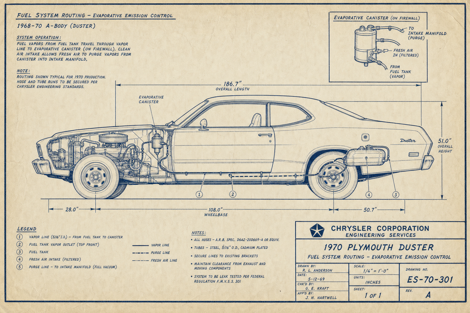 1970 Plymouth Duster A-body Mopar blueprint with evaporative emission control