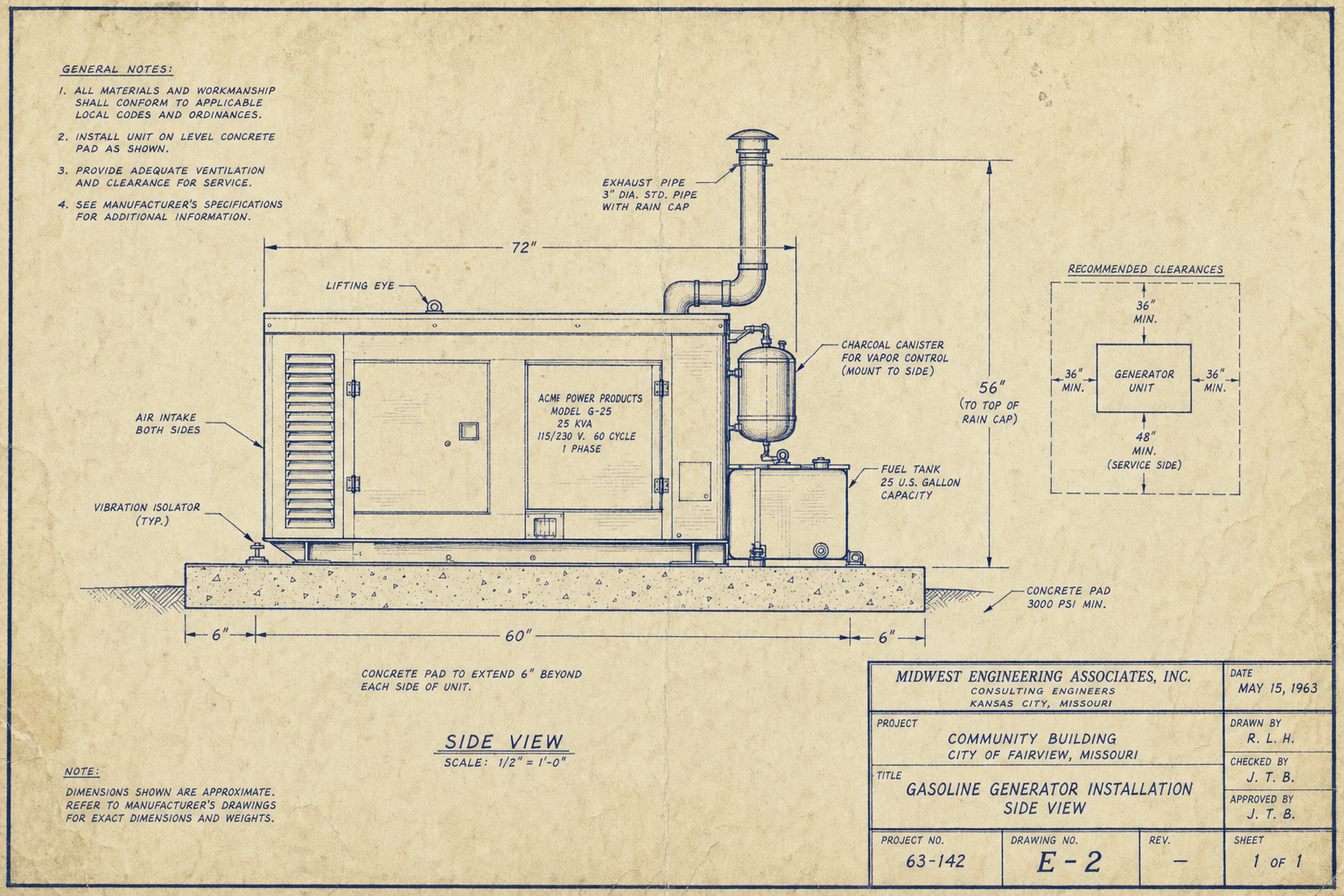 Stationary gasoline generator installation blueprint with charcoal canister