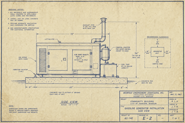 Stationary gasoline generator installation blueprint with charcoal canister