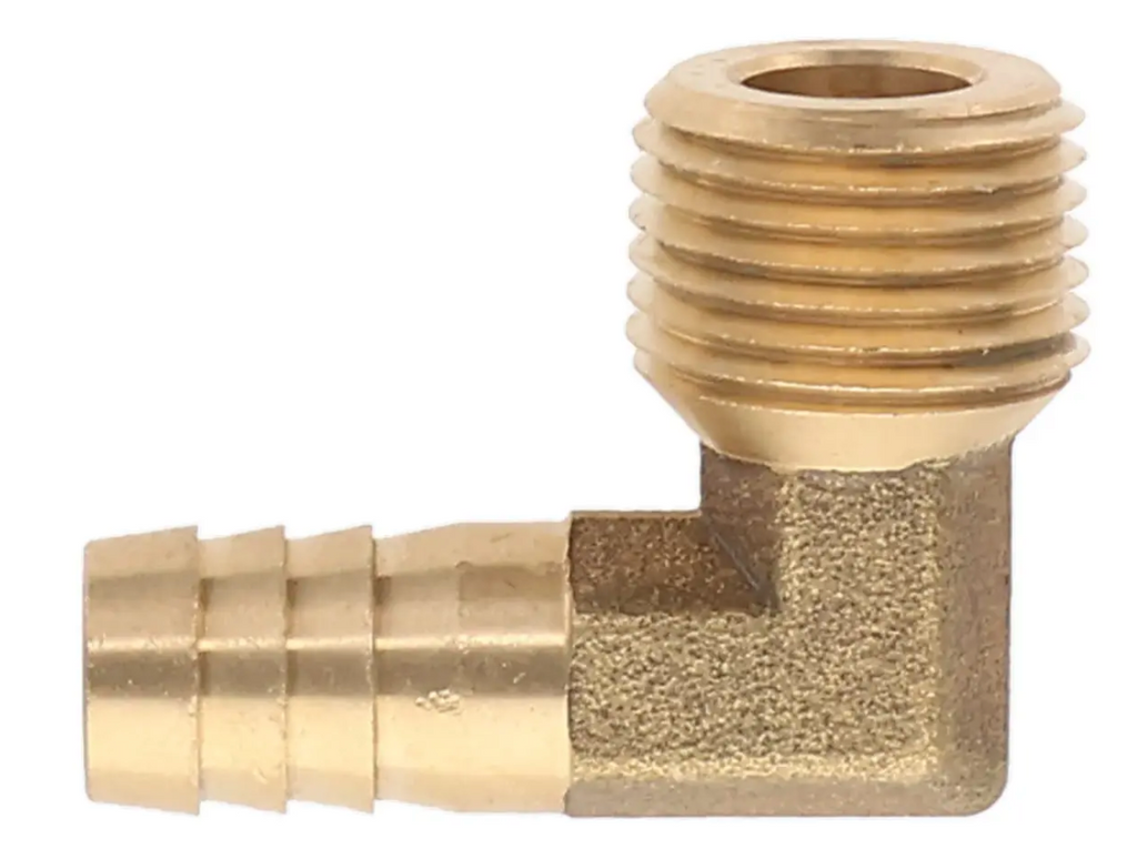 Brass 90 degree elbow filler neck vent fitting mounted on fuel system