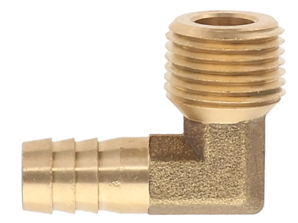 Brass 90 degree elbow filler neck vent fitting mounted on fuel system